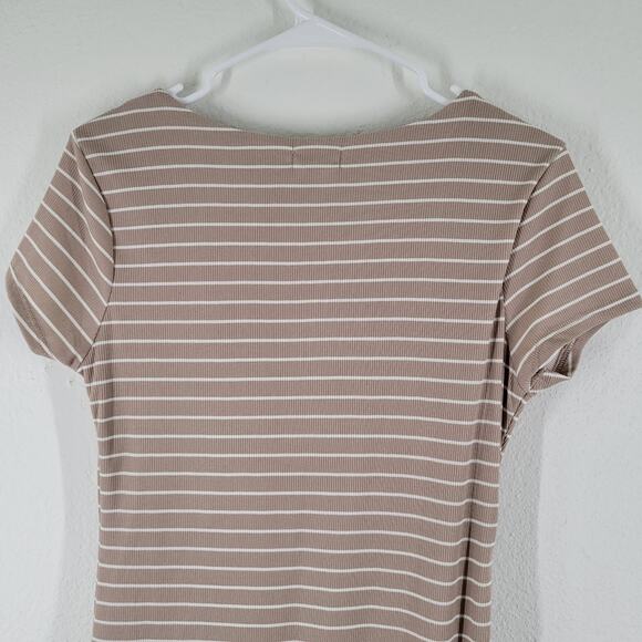 Faded Rose Midi Dress Womens Large Tan White Strip Side Slit Classic Bodycon - Picture 5 of 9